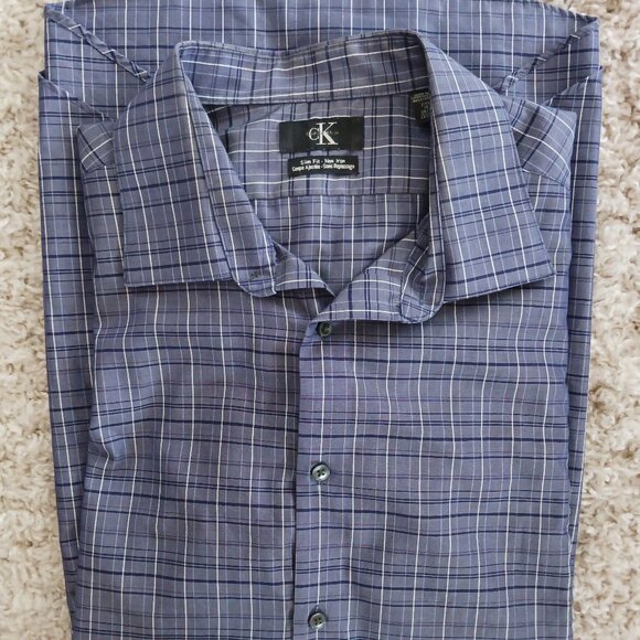 Calvin Klein Men's Dress Shirt Sz 2X Blue with Blue Plaid Long Sleeve Slim Fit - Picture 1 of 8